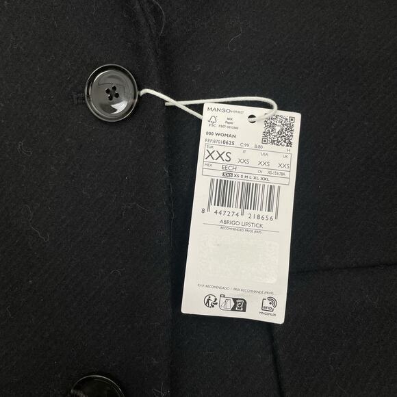 NEW Mango Long Structured Wool Coat Single Breasted Black Size XXS - Picture 12 of 12